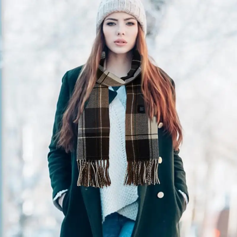 Electric Heated Scarf USB-Powered Outdoor Warming Wrap Plaid Winter Camping Scarf Tassels Thermal Heated Scarf With 3 Heating