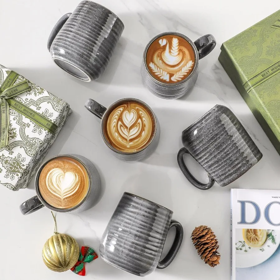 مجموعة من 6 أكواب قهوة سيراميك كبيرة سعة 12 أونصة مع مقابض واسعة لحليب الشاي والقهوة والكاكاو الساخن مثالية لمكتب روتين الصباح U #4