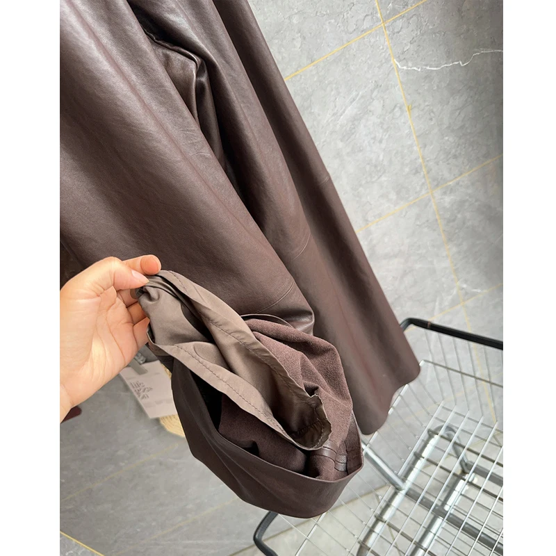 S-2XL シープスキンレザーパンツ女性のためのシックな弾性ウエストルーズワイドレッグストレートパンツ本革モップパンツ女性