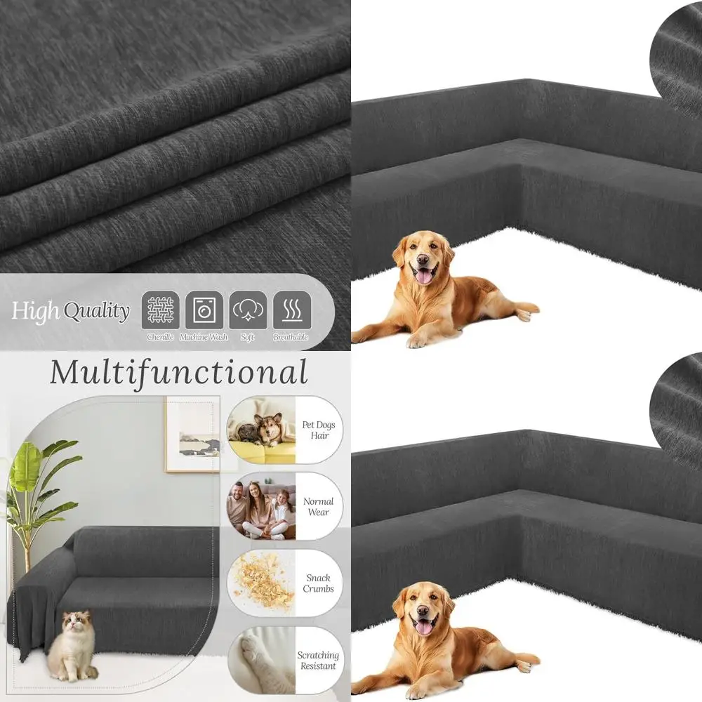 

Super Soft Chenille Dog-Friendly Sectional Couch Cover, Non-Slip, Washable, Dark Gray, 91x276 inches, U-Shaped Protector