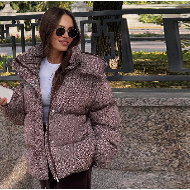 Printed Hooded Padded Coats Women's Loose Zipper Single-breasted Pockets Thicken Coats 2026 New Ladies Winter Fashion Outwear