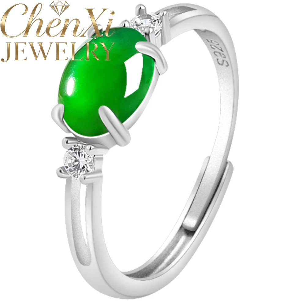 S925 Silver Natural Grade A Adjustable Opening Band Oval Green Jadeite Ring Elegant Fashion Jewelry Daily Party Accessory Gift