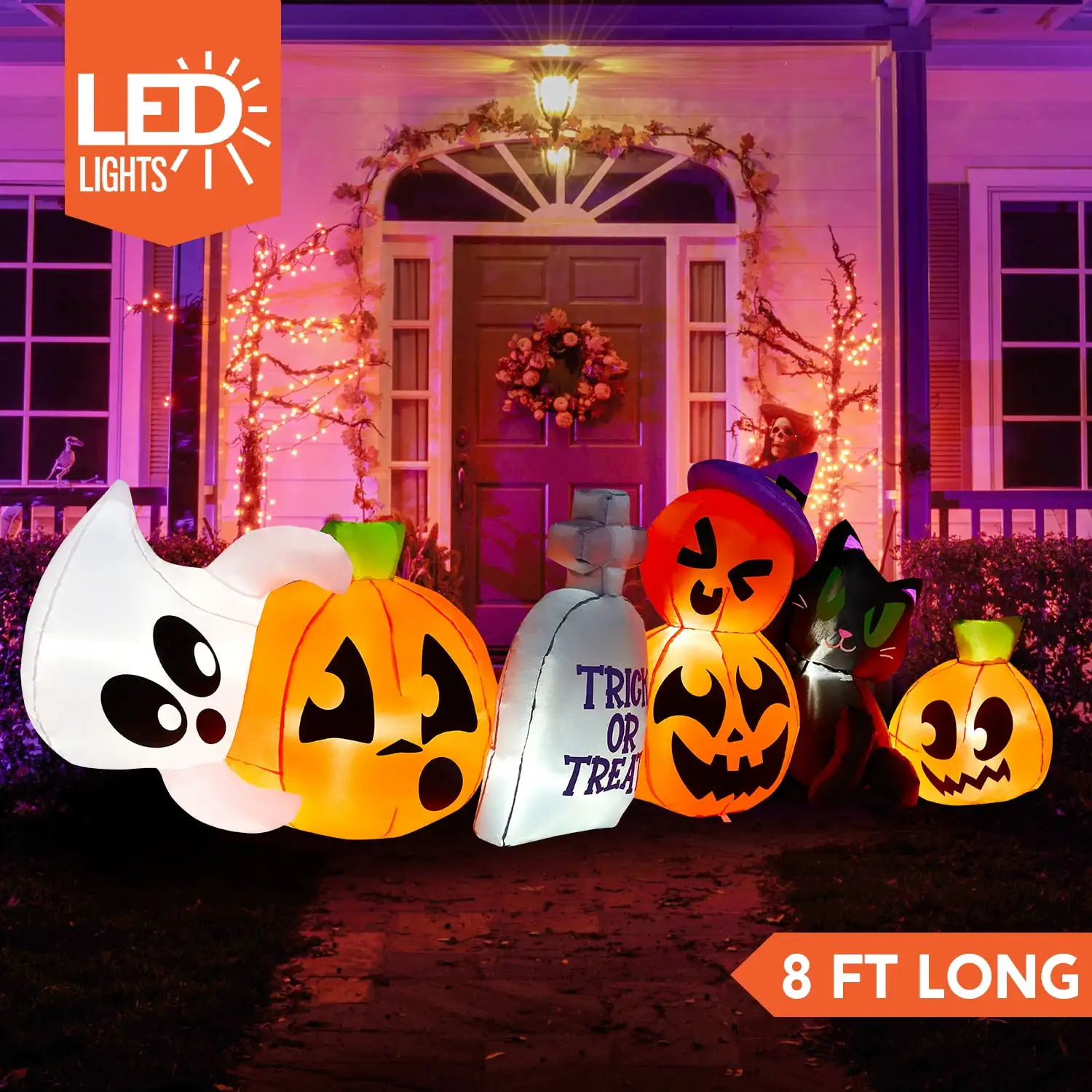 8 ft Long Pumpkin Ghost Cat Halloween Inflatables Characters Long Light Up  Tombstone Halloween Blow up Yard Decorations