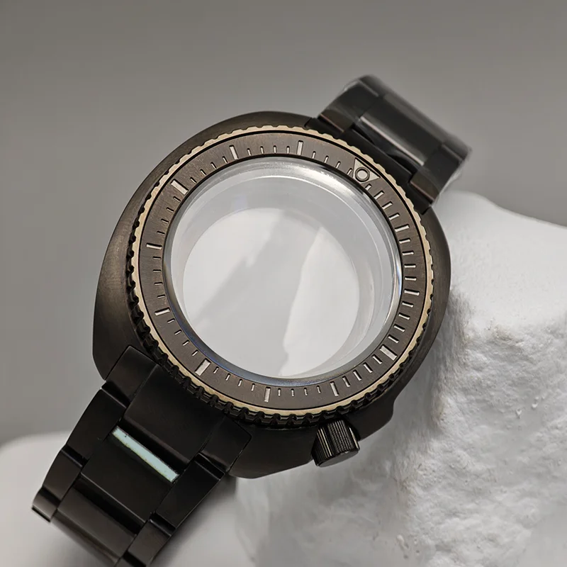 

44MM NH35 Case Gun Color Watch Case Fits NH35 NH36 Movements Turtle Abalone Case For 28.5MM Dial Sapphire Glass Men's Watch Part