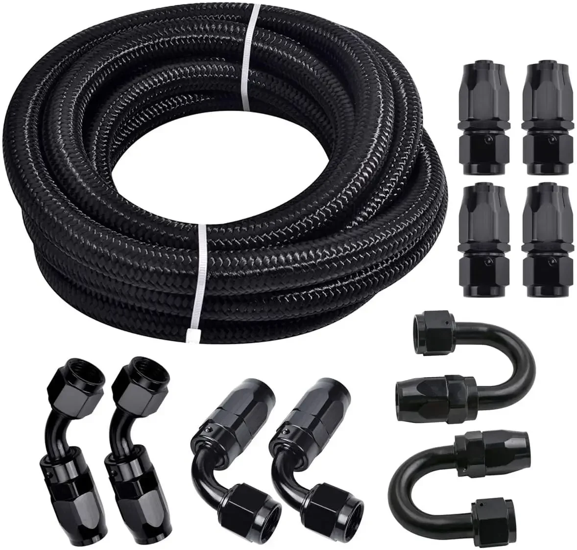 6AN 20FT, Nylon Stainless Steel Braided Fuel Line Oil/Gas/Fuel Hose End Fitting Hose with 10PCS Swivel Fitting Adapter Kit -