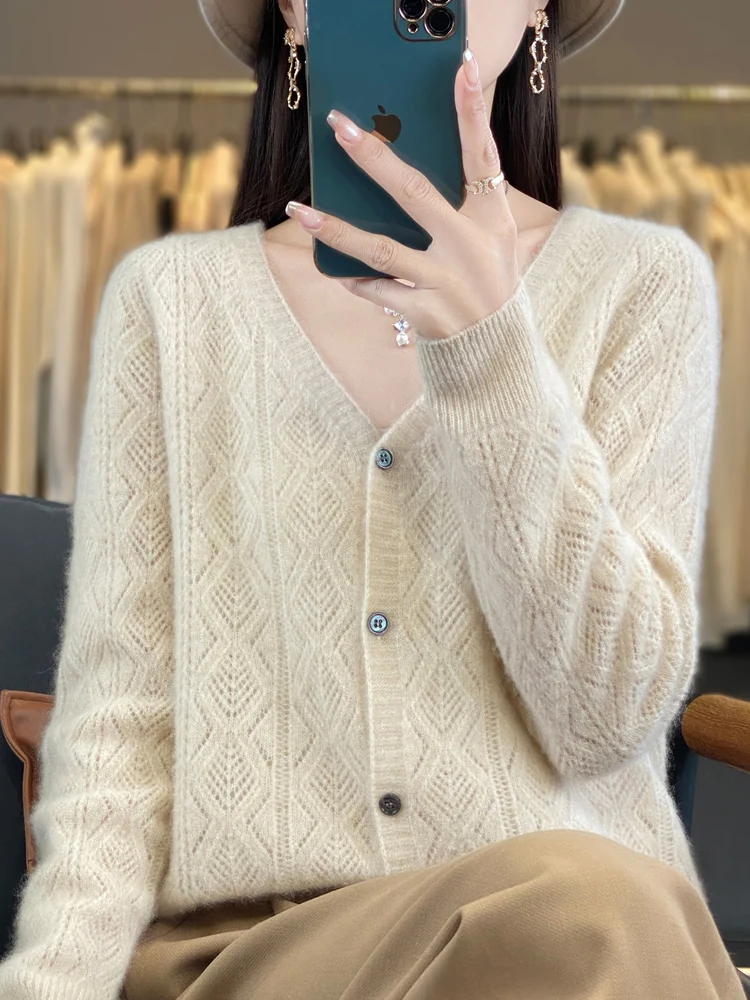 Women 100% Merino Wool V-Neck Cardigan Autumn New Cashmere Sweater Quality Soft Hollow Out Knitwear Casual Tops Clothing Korean