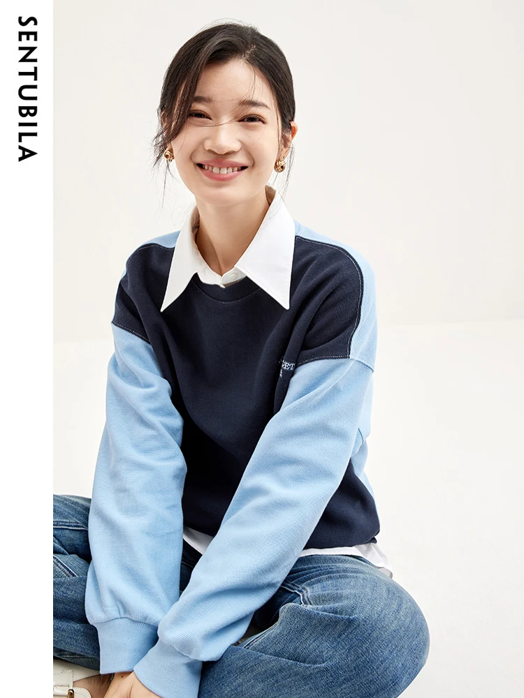 

SENTUBILA Contrast Crewneck Sweatshirts for Women Pullovers 2024 Autumn Casual Loose Fit Letter Drop Sleeve Female Top 133A50995