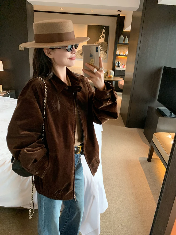 

Женская вельветовая куртка Gold Su свободного кроя в байкерском стиле с воротником-стойкой, осенне-зимняя, модная, для повседневной носки, ELA UII