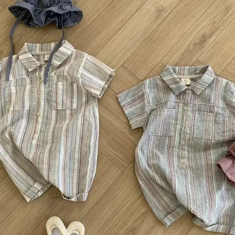 

2024 Summer New Baby Short Sleeve Lapel Romper Cotton Infant Boy Casual Vertical Striped Jumpsuit Newborn Toddler Clothes 0-24M