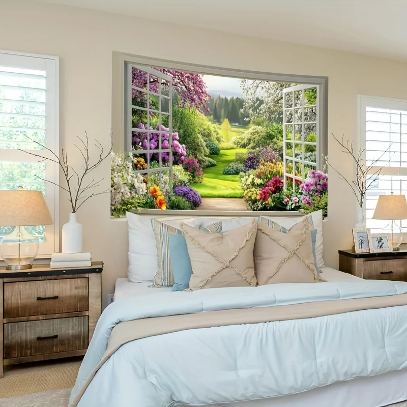 2D flaches 1-teiliges Polyester-Banner mit Frühlingsgartenlandschaft, durch das Fenster, perfekte Wohnzimmerdekoration und Raumdekoration – Detail 8