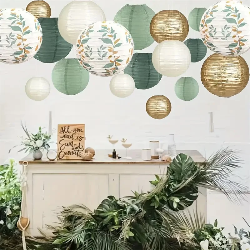 18-Piece Green Series Sage Gold Branch Artificial Jade Leaf Paper Lantern Decoration Set, Perfect for Weddings, Bohemian Festival Parties, and Bathroom Decorations, No Electricity Needed, Feather-Free, Holiday Decorations, Wedding Decorations, Rustic Charm, Nature-Inspired Decorations, Lightweight Materials, Feather-Free Decorations, Hanging Decorations, Holiday Shopping, Home Stylist view 4