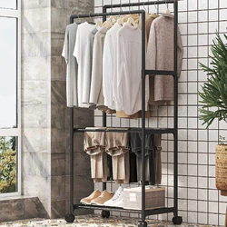 Storage Clothes Rack Double Pole Standing Wheels Hall Furniture Easy To Install Coat Rack With Shelves Bedroom Storage Shelves