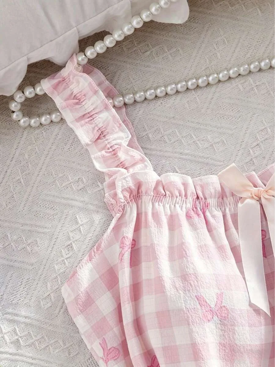Summer Lightweight Breathable Camisole Nightgown, Floral Bow Plaid Print Spaghetti Strap Sleep Dress with Ruffle Trim