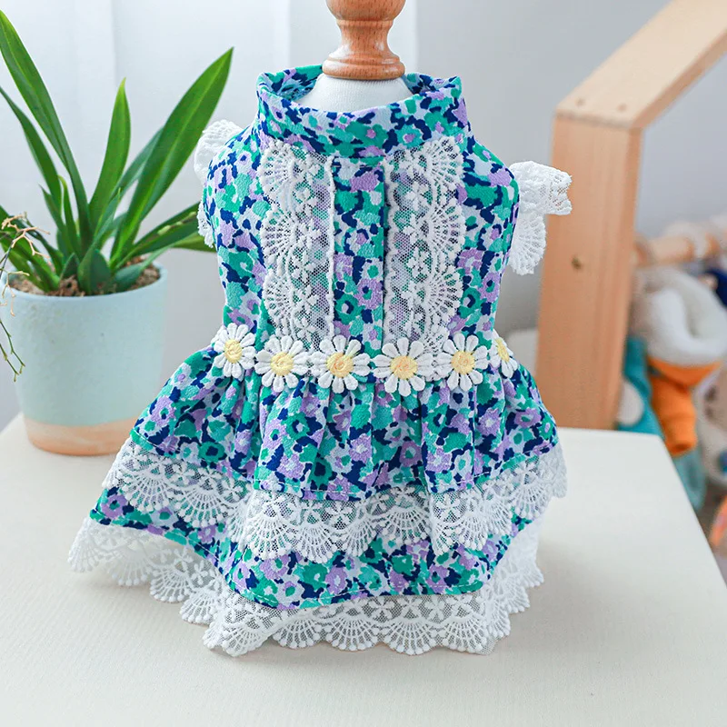 Floral Summer Clothes for Small Dogs Short Sleeve Lace Pink Sphinx Cat Dresses Princess Party Wear Breathable Pet Clothing