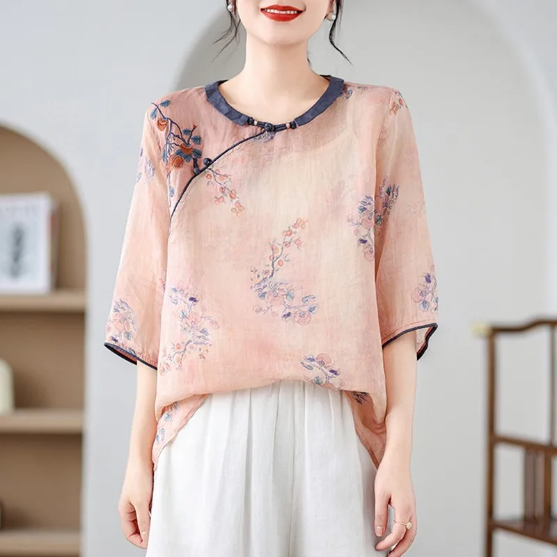 Women Casual Blouse Shirt New Arrival 2024 Summer Chinese Style Vintage Floral Print Loose Female Tops Shirts W1824