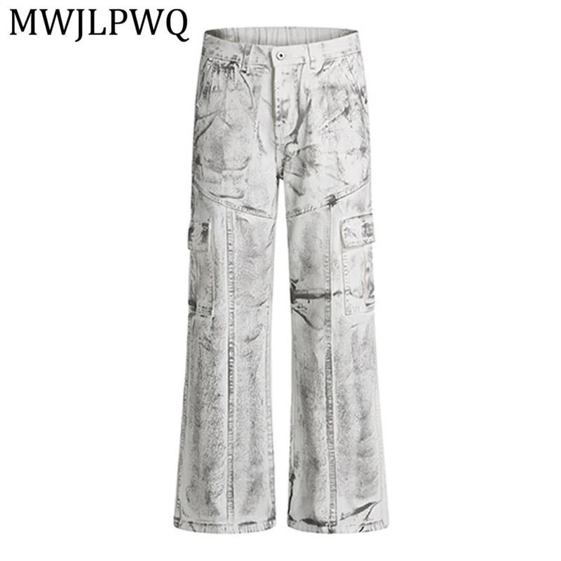 

MWJLPWQ Street Style Tie-Dye Distressed Workwear Jeans For Men Trendy Unique Multi-Pocket Design Straight-Leg Trousers 14437