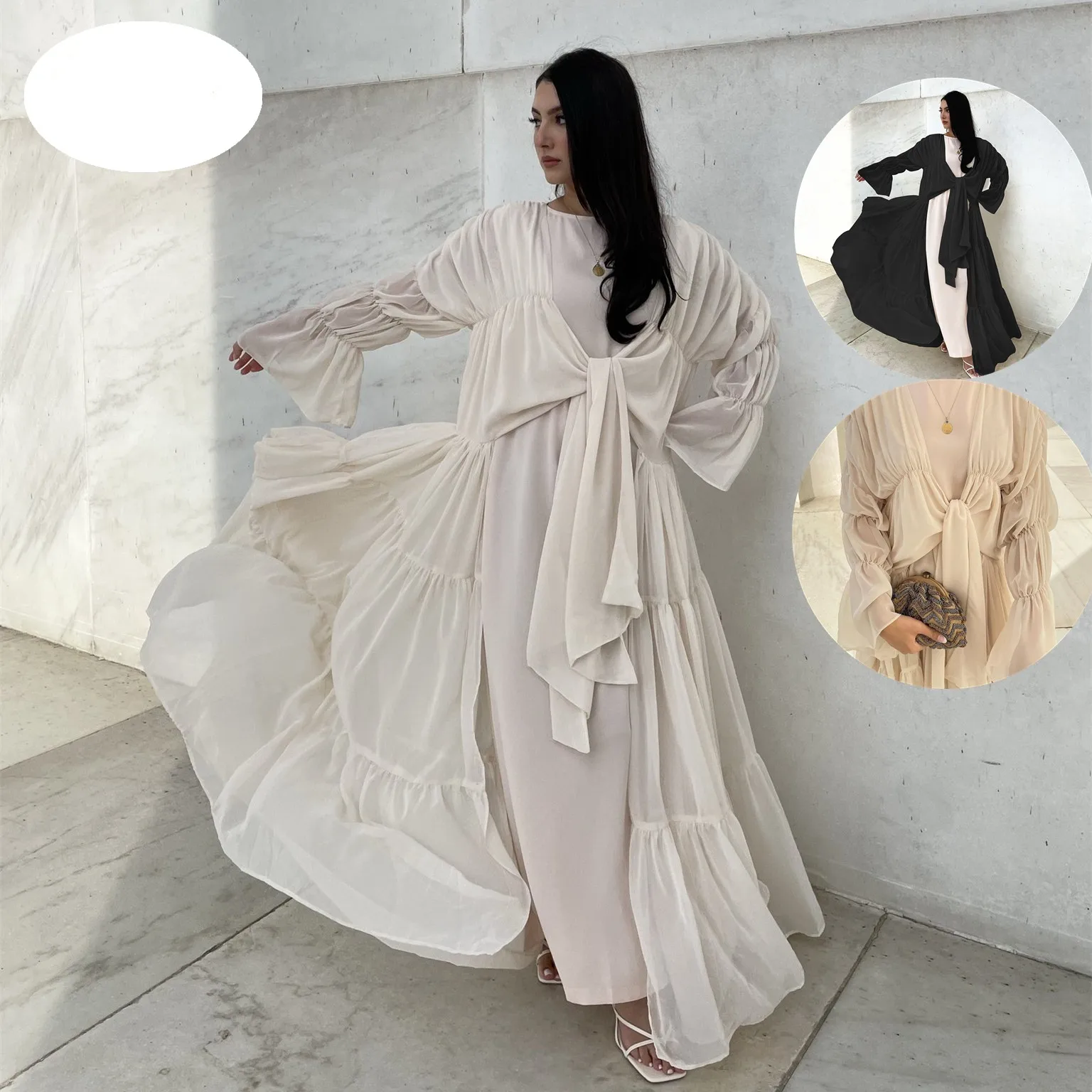 

Belted Bubble Sleeve Cardigan Spring Europe And The United States Dubai Elegant Long Dress Senior Abaya