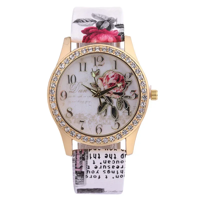 Fashion Horloges Vrouwen Strass Ingelegde Bloem Ronde Wijzerplaat Kunstleer Band Quartz Horloge Mode Quartz Horloge Vrouwen Relojes