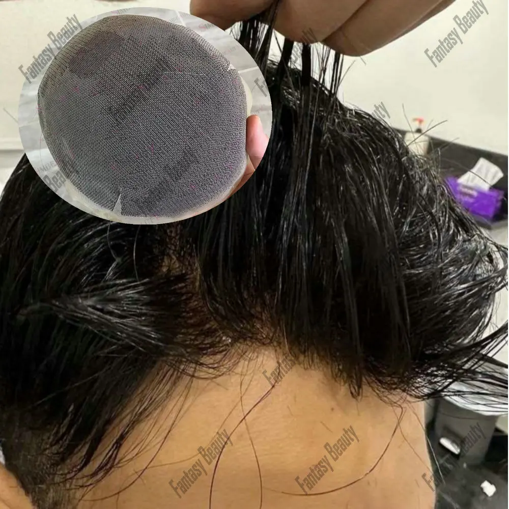 Rambut palsu baru untuk pria garis rambut alami renda penuh 100% rambut manusia Wig diputihkan simpul hitam warna pria Sistem prostesis