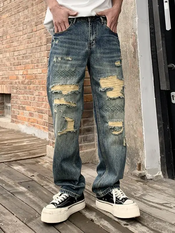 

Retro American Embroidered Patch Hole Denim Jeans Men Straight Loose Fashion High Street Style Poor Boy Pants Casual Cotton