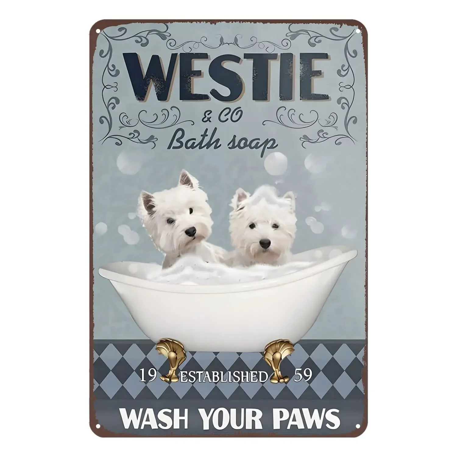 Pzecaru Vintage Poster Metal Sign Westie Dog Bath Soap Company Tin Signs Wall Decor Gift Retro Plaque For Gym Home Office Club B