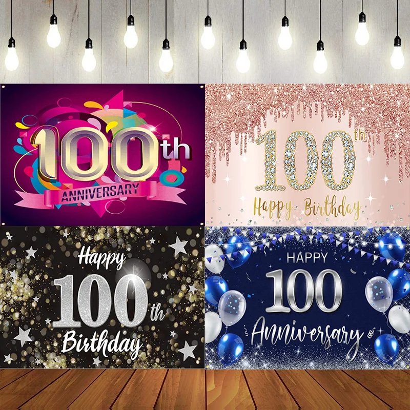 Happy 100th Birthday Party Banner Backdrop 100 Years Old Birthday Decorations Supplies Photography Background Poster Photo