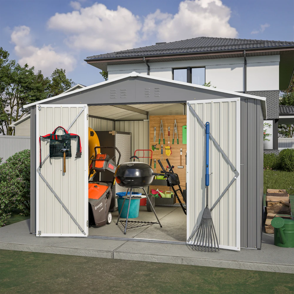 

10 x 10 FT Outdoor Storage Shed, Large Metal Tool Sheds with Updated Frame Structure and Lockable Doors, Garden Shed for Backyard Garden Patio Lawn, Grey