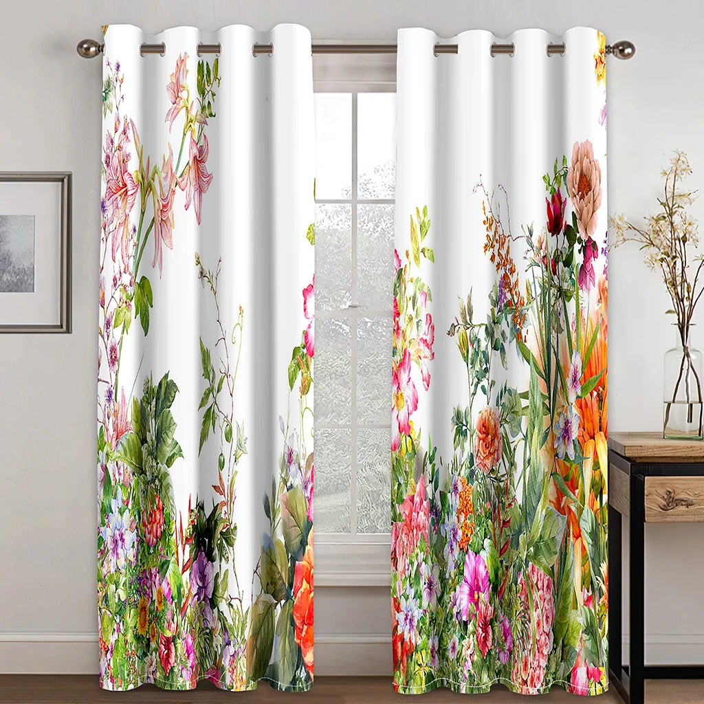 2PCS Charming Flower Print Curtains Butterfly Floral Curtains for Bedroom Living Room Kitchen Window Curtains Grommet Top cortin