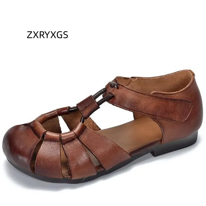 

ZXRYXGS 2024 Premium Soft Full Genuine Leather Summer Shoes Roman Sandals Flat Soft Sole Comfort Versatile Casual Women Sandal