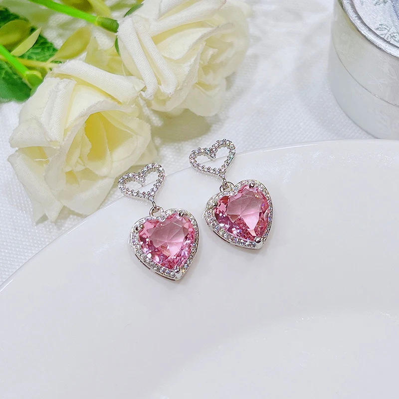 Huitan Luxury Pink Cubic Zirconia Heart Earrings for Women Silver Color Sparkling Engagement Wedding Accessories Trendy Jewelry