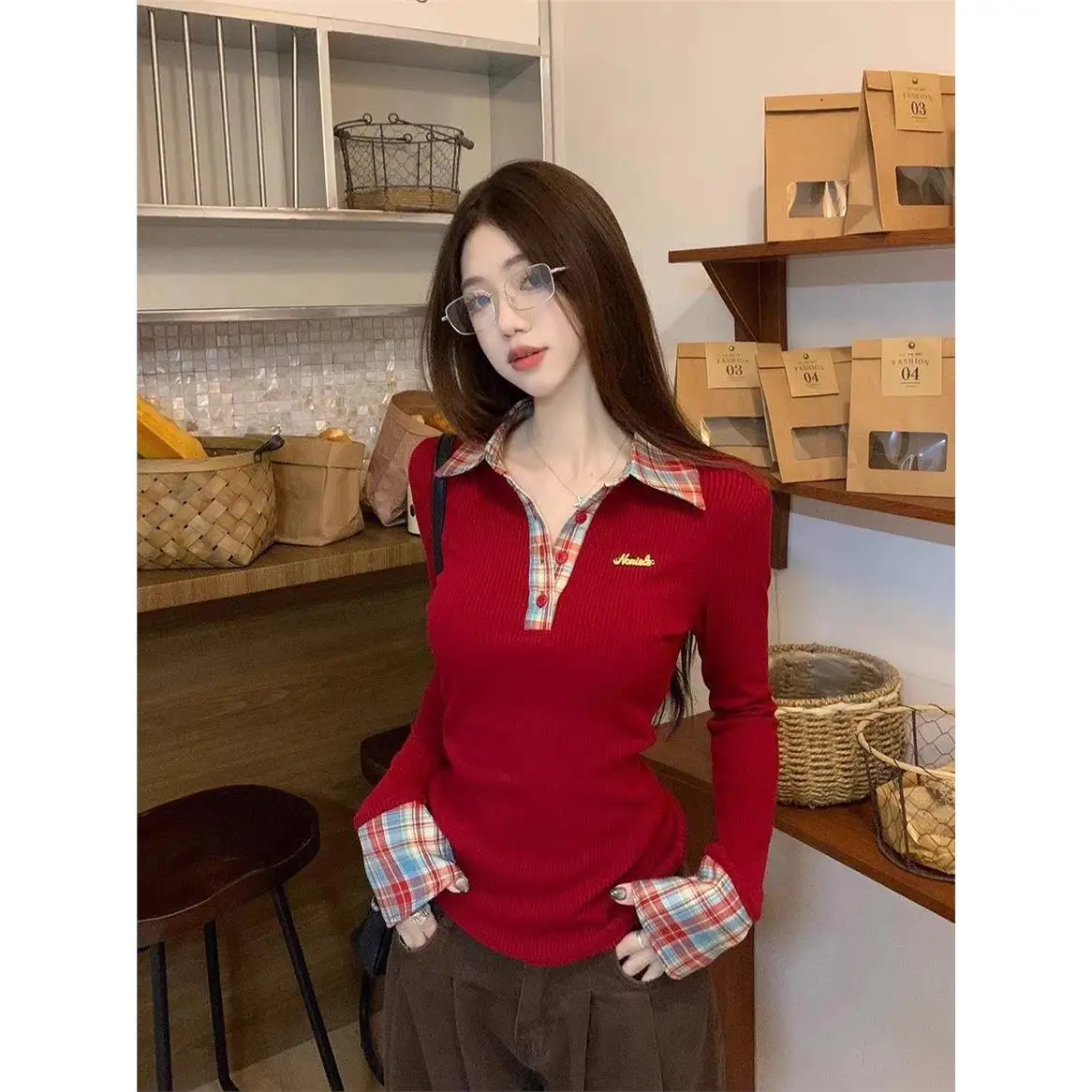 Korean Design Sense Plaid  Neck Long Sleeve Women's T-shirt Autumn Winter Slim Fit Base Shirt Inner Wear Top City Walk
