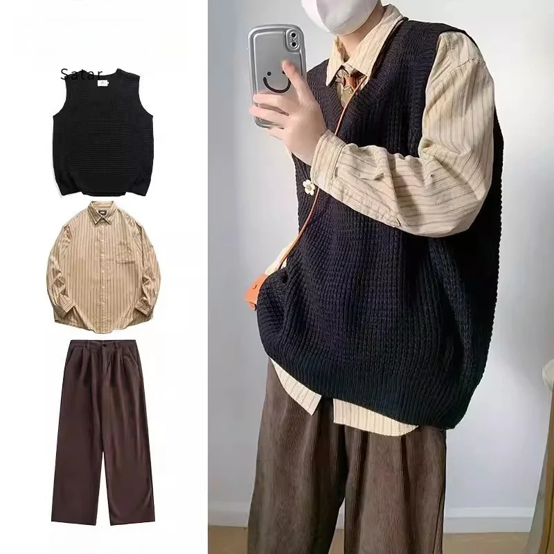 

Комплект из двух предметов: вязаный жилет с ромбовидным узором в стиле колледж, ретро-японский дизайн, осенняя одежда