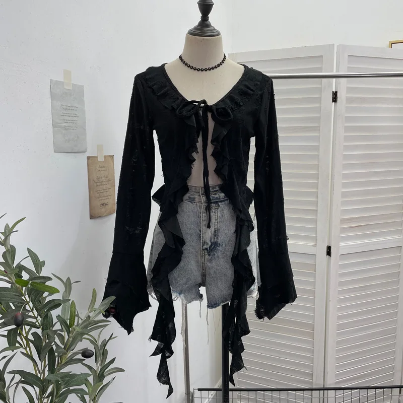 ISAROSE Wasteland Style Cardigan for Women Punk Spring Autumn Solid Color Flare Long Sleeves Front Lace-up Ruffle Ripped Tops