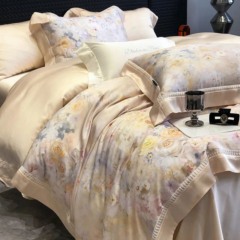 800TC Lyocell Bamboo Fiber Soft Silky Cooling Bedding Set Flower Prints Duvet Cover Set Bed Sheet/Fitted Sheet Pillowcases 4Pcs