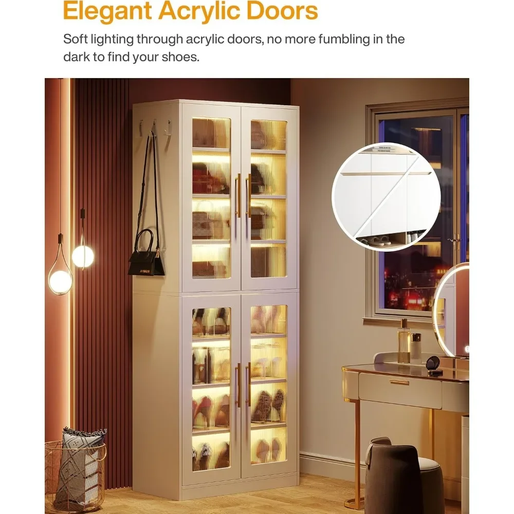 

Tall Shoe Storage Cabinet Entryway with Acrylic Doors LED Lights Adjustable Shelves for Home Organization