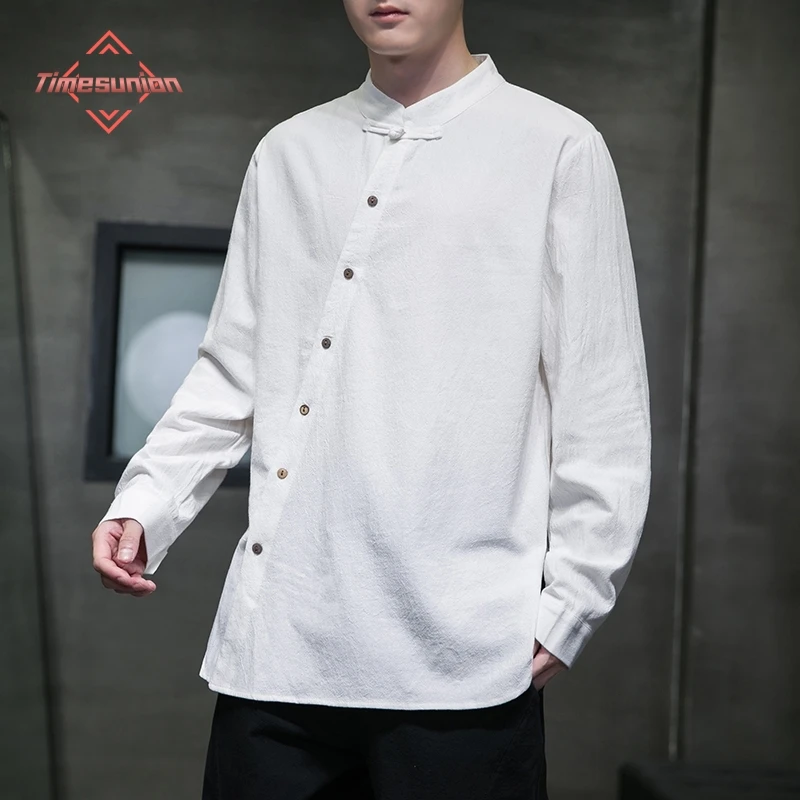 

Mens Chinese Style Hemp Shirt Cotton Linen Tang Suit Hanfu Retro Stand-Up Collar Zen Clothes Harajuku tops Clothes Men Clothing