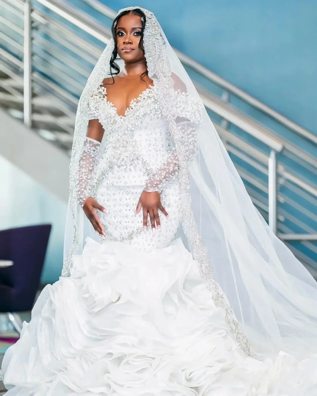 Customized Aso Ebi Plus Size Ivory Wedding Dress Appliques Beaded Crystals Pearls Tiers Luxurious Bridal Gowns Dresses
