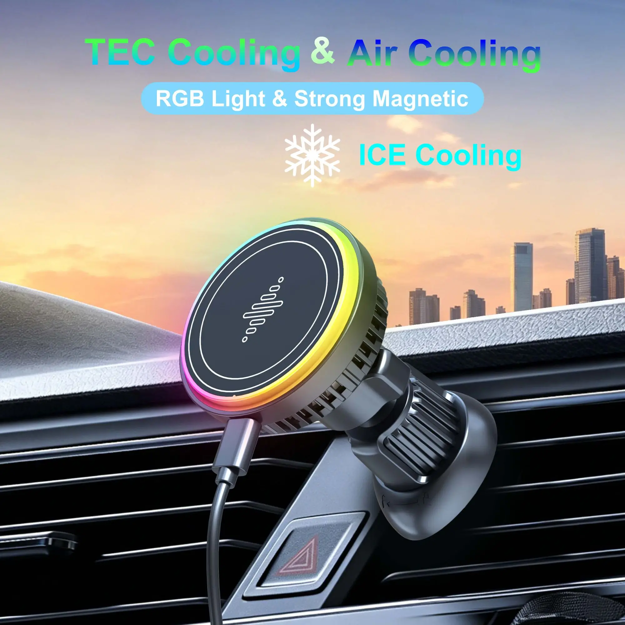 RGB Lights Magnetic Car Wireless Charger Semiconductor Cooling MagSafe Vent Mount for iPhone Samsung