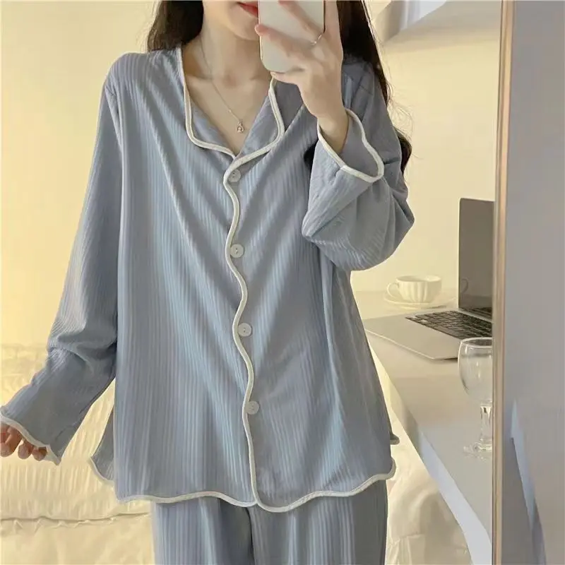 Spring and Autumn Long Sleeve Pants Pajamas Loungewear Set Women\'s Simple Pull Edge Loose Girl Student Loungewear Loose Suit