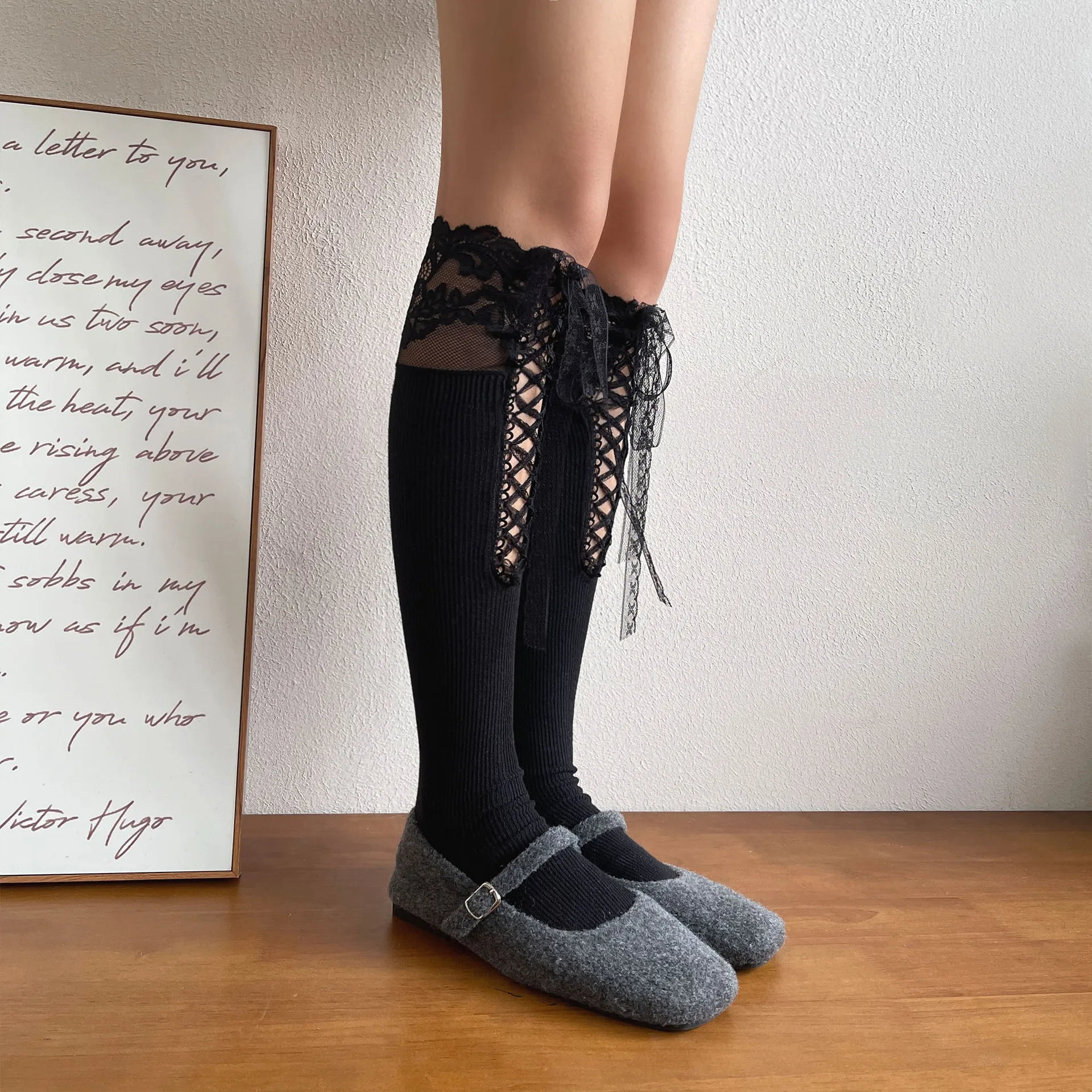 Hot Girl Ins Tie Hollow Out Splicing Mid Calf Socks Korean Sweet Lace Women Mid Calf Socks Jk Lolita Daily Dating Calf Socks