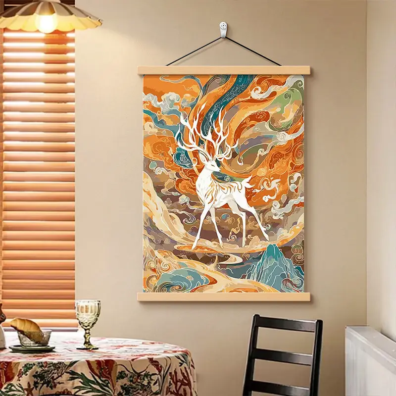 Wall Art Dunhuang Nine Color Deer Pearlescent Canvas Hanging Scroll with Wooden Rods for Living Room Hallway and Study