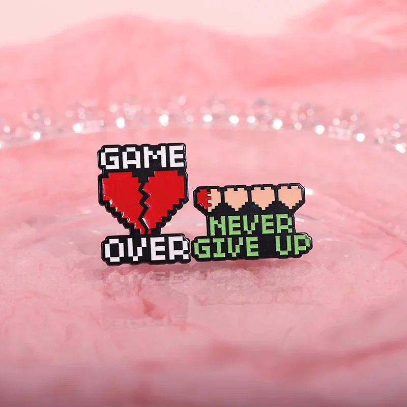 Level UP Enamel Cartoon Game Enamel Brooch Red Pixel Heart Lapel Pin GAME OVER Progress Custom Badges Jewelry Gifts Wholesale