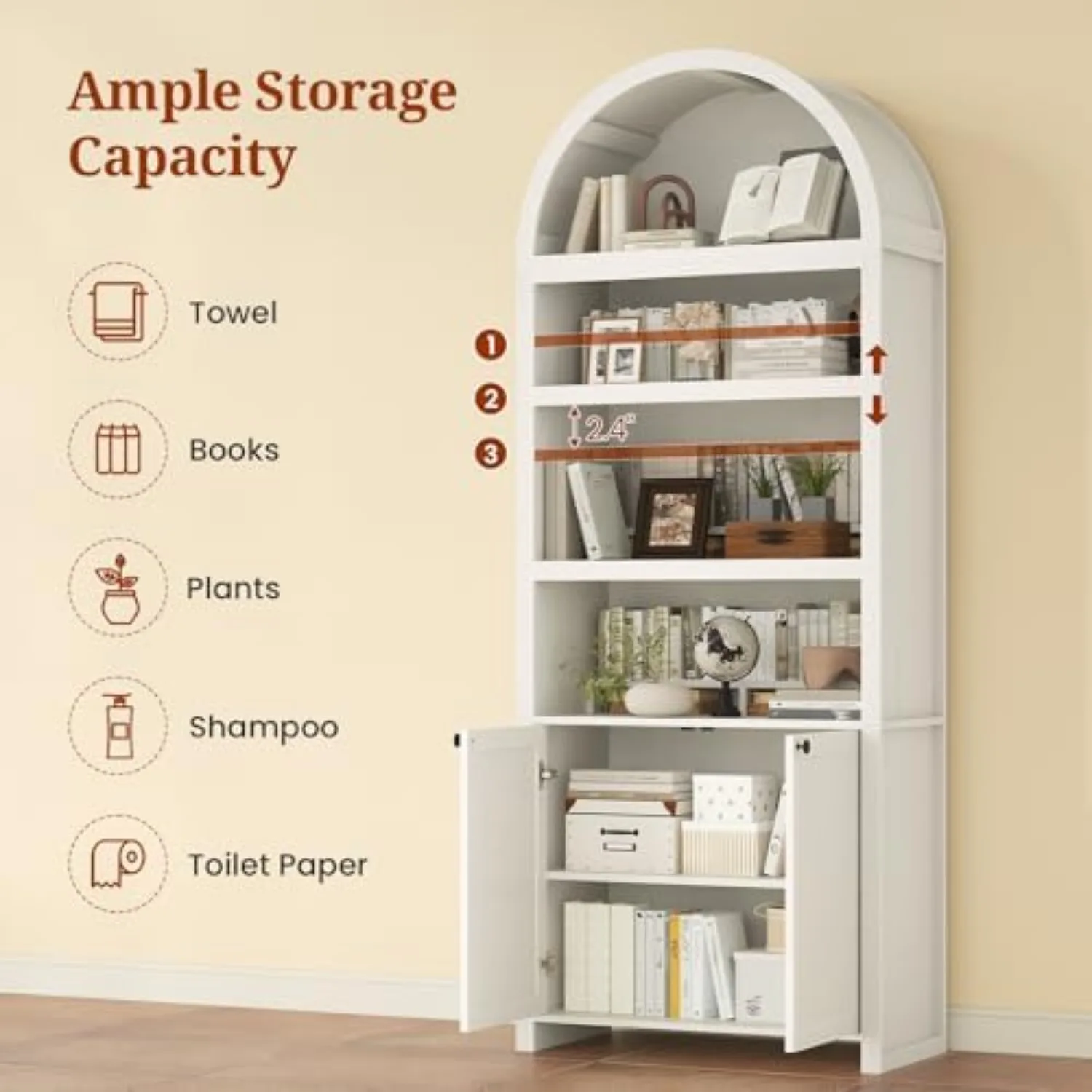 81" Tall Arched Cabinets,Bookcase with storage,Mid-Century Modern 6-Tier Bookshelf with Door,2 Book Risers and view 3