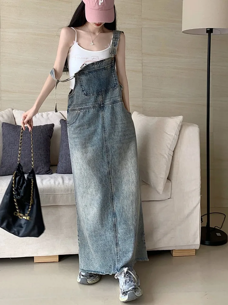 SML Women Loose Ladies Vintage Long Denim Dress Female Preppy Style Spaghetti Strap Jeans Denim Dresses Female (L60050