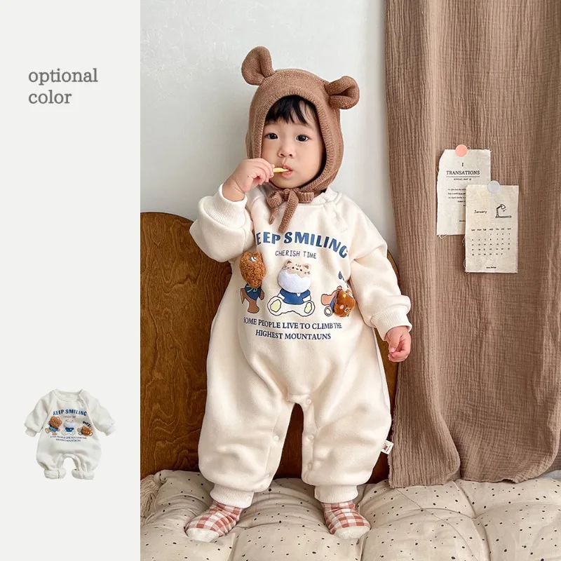 Children\'s Winter Clothes Baby Crawling Clothes Cartoon Bear Plus Cashmere Warm One-piece Baby Thick Clothes Comfortable