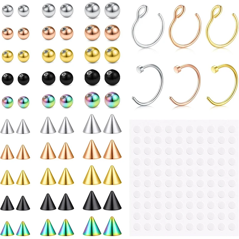 Fake Eyebrow Ring Fake Lip Labret Studs Replacement Balls Spike with 100pcs Sticker Non-Piercing Body Jewelry Fake Skin Piercing
