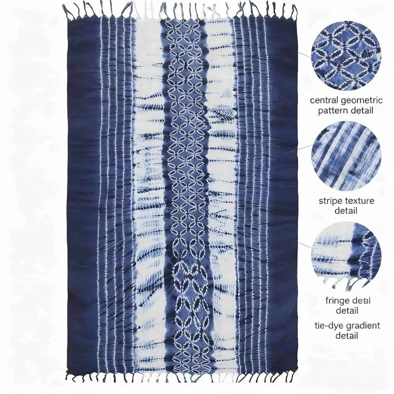 

Шарф с бахромой в этническом стиле цвета индиго, большая шаль в стиле бохо, реквизит для путешествий, модный аксессуар