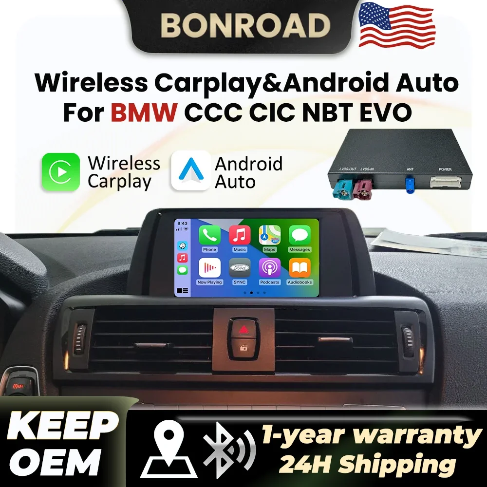 BONROAD Wireless CarPlay Android Auto Module For BMW NBT CIC CCC EVO System 1 2 3 4 5 6 7 Series X1 X3 X4 X5 F20 F21 F30 F31 F34 F10 F48 F25 F26 F15 F10 E84 E60 E90 Mini BT GPS Navigation Mirror Link Decoder