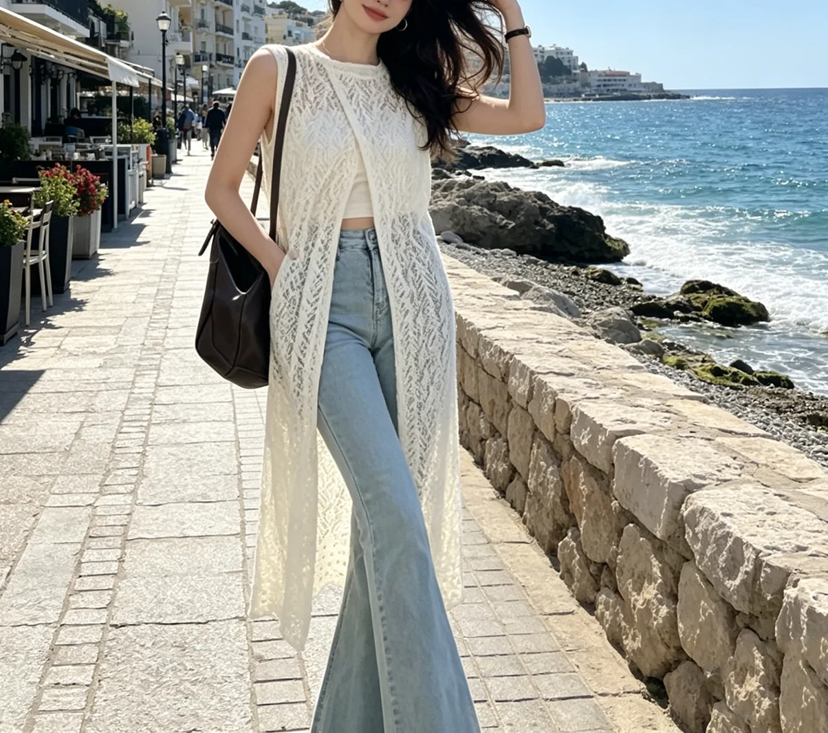 Cárdigan largo sin mangas de ganchillo estilo bohemio 2026 para mujer, chaleco de punto calado de verano, kimono maxi suelto, ropa de playa