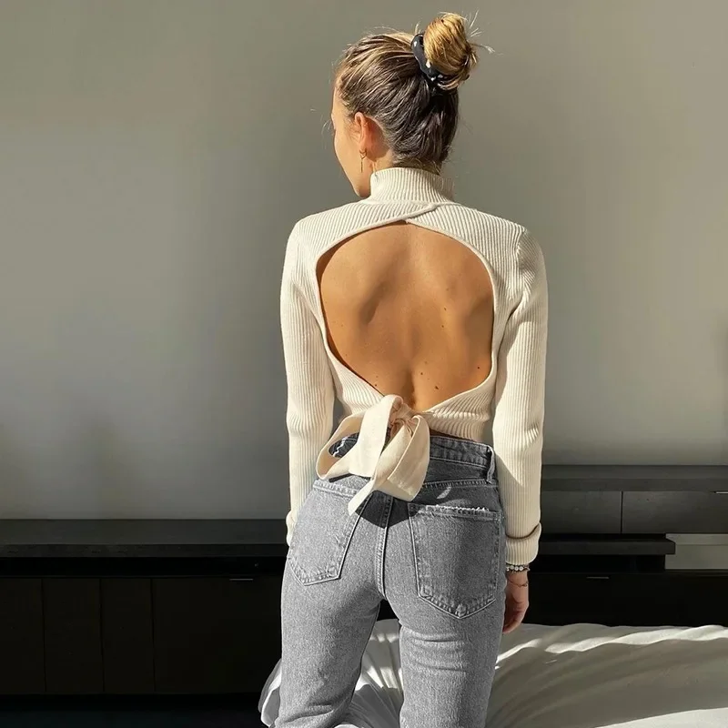 Lace Up Knitted Sweater Women Fashion Backless Hollow Out Long Sleeve Tops Sexy Pullover Solid Slim Crop Top Sweaters Female